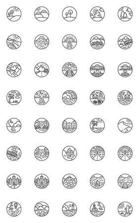 Nature landscape line icons set. linear style symbols collection, outline signs pack. vector graphics. Set includes icons as forest trees, mountains, sea, cloudscape, country highway road, forestのイラスト素材