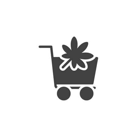 Cannabis shopping cart vector icon. Buying hemp filled flat sign for mobile concept and web design. Trolley with Marijuana leaf glyph icon. Drug store symbol, logo illustration. Vector graphicsのイラスト素材