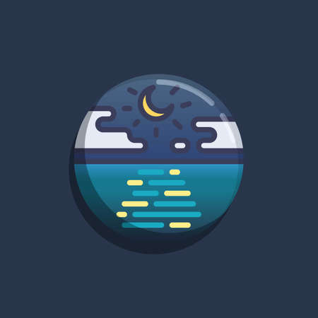 Tranquil seascape flat icon. Round colorful button, Night sea with moon and clouds circular vector sign. Flat style designのイラスト素材