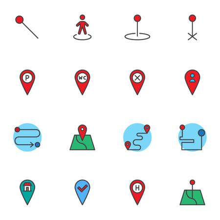 Map Pointer filled outline icons set, line vector symbol collection, Gps Navigation Marker linear colorful pictogram pack. Signs, logo illustration, Set includes icons as location pin, compass, globeのイラスト素材
