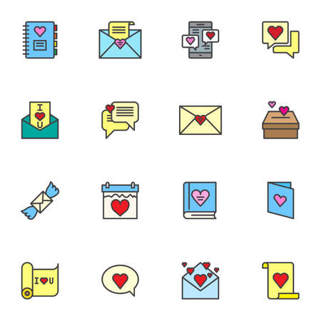 Love message filled outline icons set, line vector symbol collection, Valentines day linear colorful pictogram pack. Signs, logo illustration, Set includes icons as love chat message, greeting cardのイラスト素材