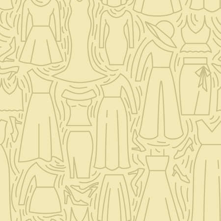 Woman Clothes and accessories icons pattern. Women clothing collection, seamless background. Seamless pattern vector illustrationのイラスト素材