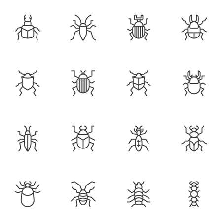 Bugs insects line icons set. linear style symbols collection, outline signs pack. Pests bug vector graphics. Set includes icons as caterpillar, beetle, parasite, cricket, flea, ant, gnatのイラスト素材