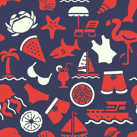 Summer vacation icons pattern. Beach accessories seamless background. Travel and tourism Seamless pattern vector illustrationのイラスト素材