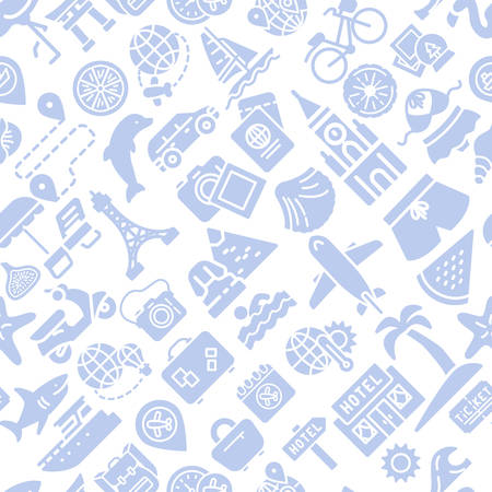 Summer vacations icons pattern. Tourism and travel seamless background. Seamless pattern vector illustrationのイラスト素材
