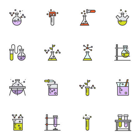 Laboratory experiment filled outline icons set, Chemistry line vector symbol collection, linear colorful pictogram pack. Signs, logo illustration, Set includes icons as test tube, lab flask, beakerのイラスト素材