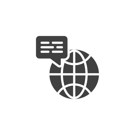 Global communication vector icon. International translation filled flat sign for mobile concept and web design. Globe with speech bubble glyph icon.のイラスト素材
