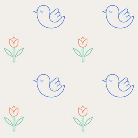 Flowers and birds icons pattern. Happy Easter seamless background. Seamless pattern vector illustrationのイラスト素材