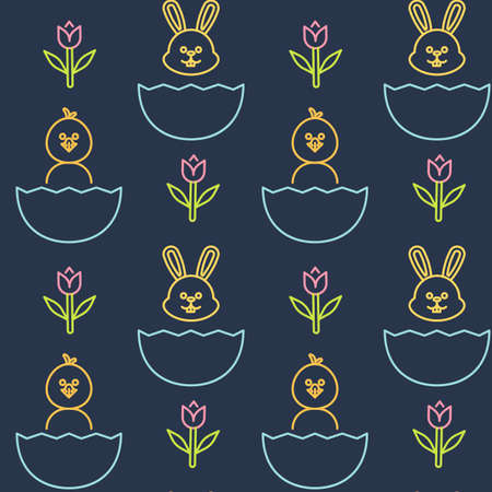 Easter egg with bunny and chick icons pattern. Happy Easter seamless background. Seamless pattern vector illustrationのイラスト素材