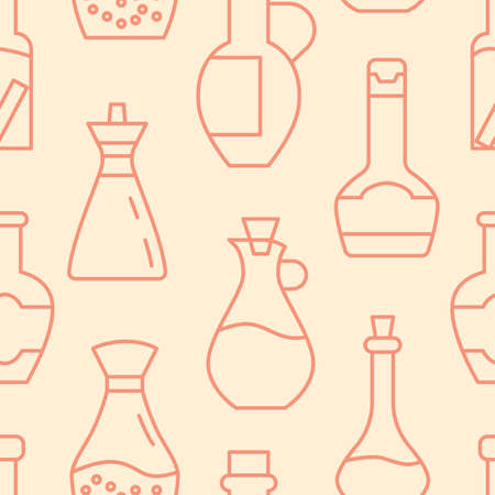 Oil bottles icons pattern. Cooking condiments seamless background. Seamless pattern vector illustrationのイラスト素材