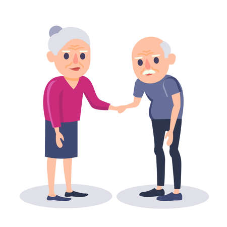 Elderly couple holding hands. Colorful flat design vector illustration. Grandmother and grandfather together. Senior man and old woman standingのイラスト素材