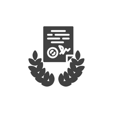 Legal certificate document vector icon. filled flat sign for mobile concept and web design. Document with laurel glyph icon. Symbol, logo illustration. Vector graphicsのイラスト素材