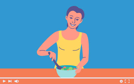 Cooking video blog. Colorful flat design vector illustration. Young woman cooking fresh vegetable salad. Internet Video of Girl blogger prepare healthy diet foodのイラスト素材