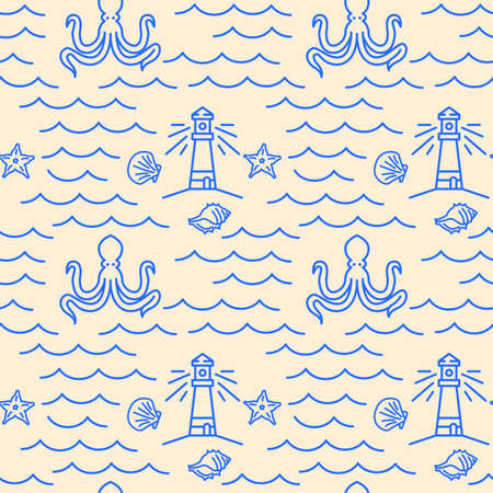 Marine life icons pattern. Ocean seamless background. Seamless pattern vector illustrationのイラスト素材