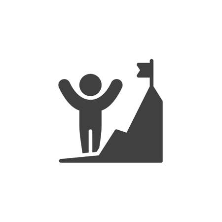 Man on mountain with flag vector icon. filled flat sign for mobile concept and web design. Achievement of man glyph icon. Business success symbol, logo illustration. Vector graphicsのイラスト素材