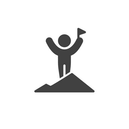 Achievement of man vector icon. filled flat sign for mobile concept and web design. Businessman on mountain with flag glyph icon. Business success symbol, logo illustration. Vector graphicsのイラスト素材