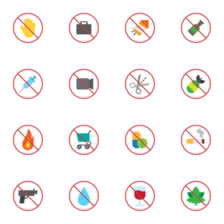 Prohibition signs collection, flat icons set, Colorful symbols pack contains - stop hand gesture, no firecracker, stop smoking, no alcohol drinks, liquids, pill. Vector illustration. Flat style designのイラスト素材
