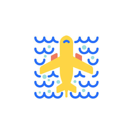 Plane flying above the ocean flat icon, vector sign, colorful pictogram isolated on white. Airline travel symbol, logo illustration. Flat style designのイラスト素材