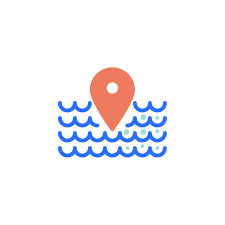 Marine travel flat icon, harbor location vector sign, sea waves and map marker colorful pictogram isolated on white. Symbol, logo illustration. Flat style designのイラスト素材