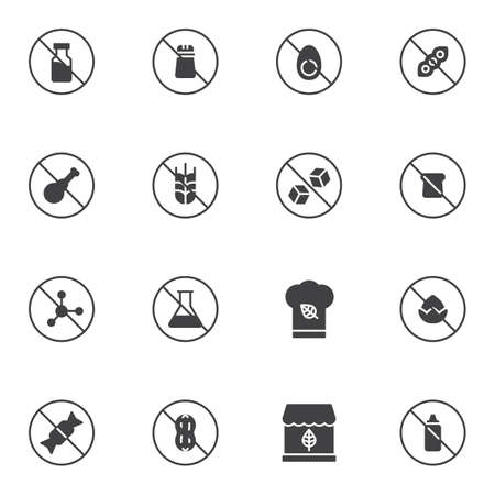 Organic food prohibition signs vector icons set, modern solid symbol collection, filled style pictogram pack. Signs logo illustration. Set includes icons as preservatives, gluten, lactose and gmo freeのイラスト素材