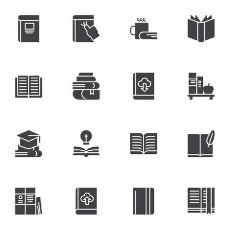 Books vector icons set, modern solid symbol collection, filled style pictogram pack. Signs, illustration. Set includes icons as online ebook download, bookshelf, literature, book page, notebookのイラスト素材