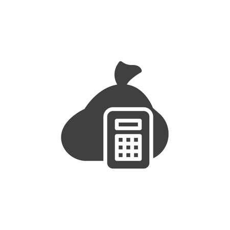Calculator with money bag vector icon. Accounting filled flat sign for mobile concept and web design. Calculate finance glyph icon. Symbol, logo illustration. Vector graphicsのイラスト素材