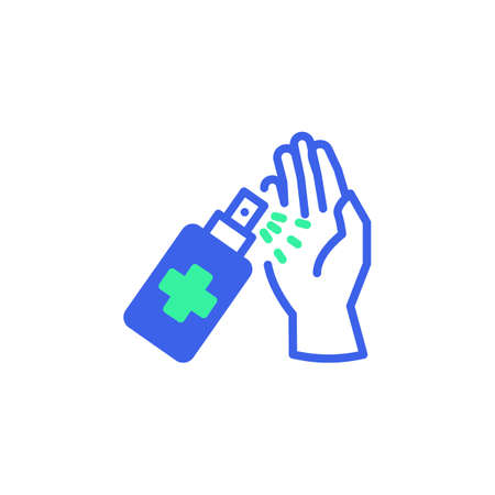 Wash hand with sanitizer icon vector, filled flat sign, antibacterial hand sanitizer spray bicolor pictogram, green and blue colors. Symbol, logo illustrationのイラスト素材