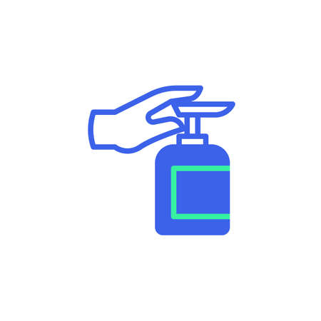 Applying a moisturizing sanitizer icon vector, filled flat sign, Hand press sanitizer bottle bicolor pictogram, green and blue colors. Cleaning and disinfection symbol, logo illustrationのイラスト素材