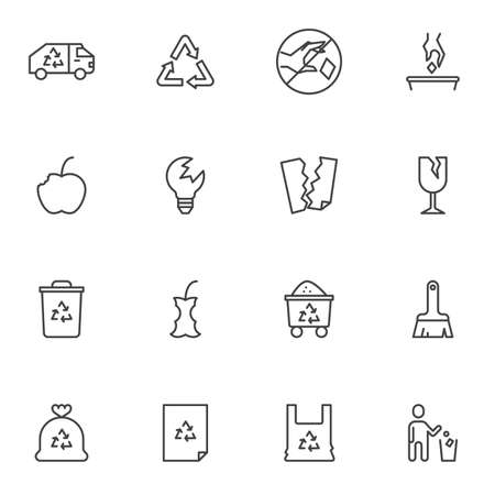 Waste material line icons set, rubbish outline vector symbol collection, linear style pictogram pack. Set includes icons as organic waste, garbage, litter, glass, plastic bagのイラスト素材