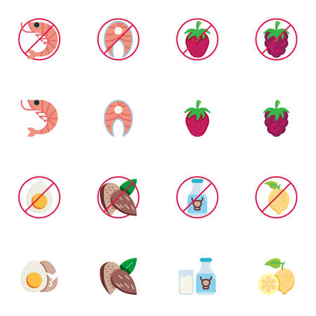 Allergen food collection, Allergic reaction flat icons set, Colorful symbols pack contains - particular food, seafood, citrus, lactose free milk egg. Vector illustration. Flat style designのイラスト素材
