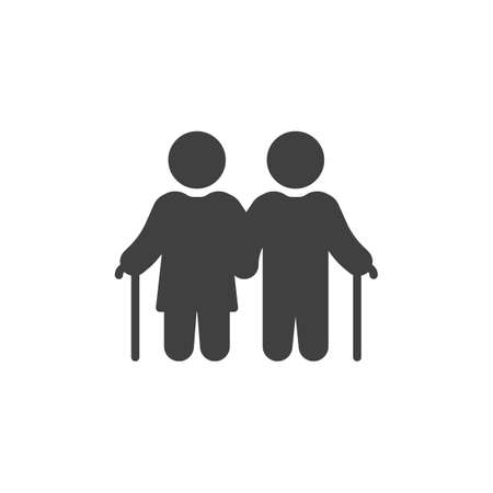 Elderly couple with walking stick vector icon. filled flat sign for mobile concept and web design. Old senior man and woman glyph icon. Symbol, logo illustration. Vector graphicsのイラスト素材