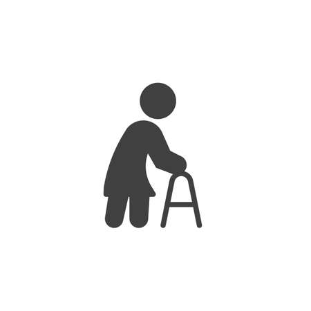 Elderly woman with paddle walker vector icon. filled flat sign for mobile concept and web design. Disabled woman with walker glyph icon. Symbol, logo illustration. Vector graphicsのイラスト素材