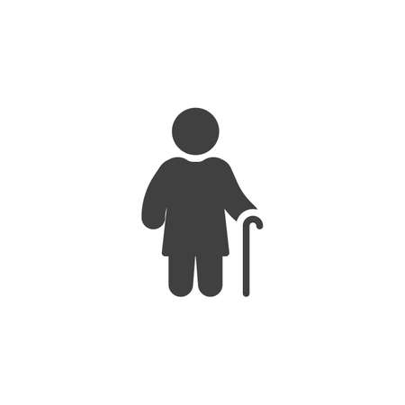 Old person with walking stick vector icon. filled flat sign for mobile concept and web design. Woman with stick glyph icon. Symbol, logo illustration. Vector graphicsのイラスト素材
