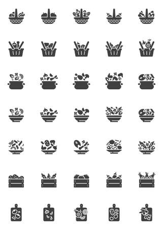 Cooking recipes vector icons set, modern solid symbol collection, filled style pictogram pack. Signs, logo illustration. Set includes icons as vegetable soup ingredients, salad chopping, nutritionのイラスト素材