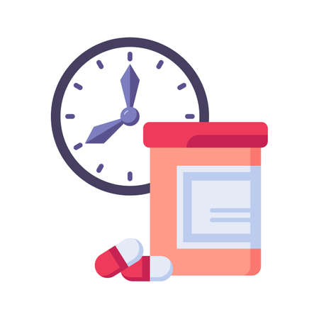Pill time icon, medical pills and clock vector illustration flat style design isolated on white. Colorful graphicsのイラスト素材