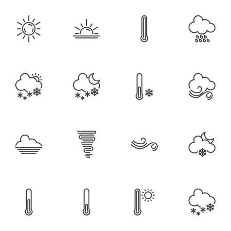 Meteorology weather line icons set, forecast outline vector symbol collection, linear style pictogram pack. Signs, logo illustration. Set includes icons as temperature thermometer, cloud, rain, snowのイラスト素材