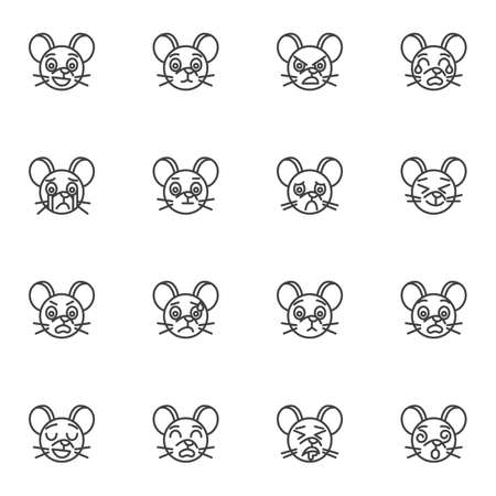 Mouse emoji line icons set, outline vector symbol collection, linear style pictogram pack. Signs, logo illustration. Set includes icons as crying smiley face, happy mouse emotion, angry, sleepingのイラスト素材