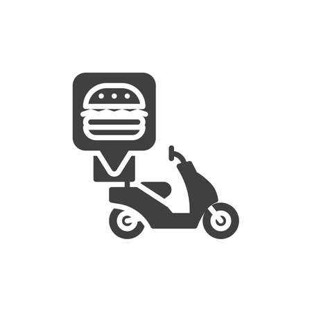 Food delivery motorbike vector icon. filled flat sign for mobile concept and web design. Burger delivery bike glyph icon. Symbol, logo illustration. Vector graphicsのイラスト素材