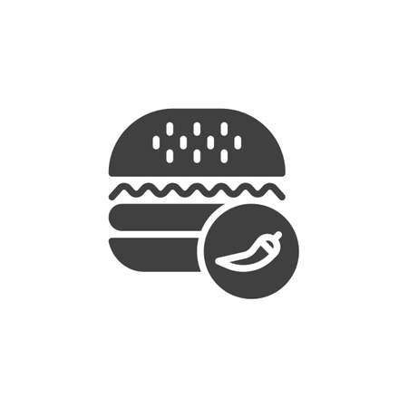 Spicy burger vector icon. Cheeseburger and chili pepper filled flat sign for mobile concept and web design. Hot hamburger glyph icon. Symbol, logo illustration. Vector graphicsのイラスト素材