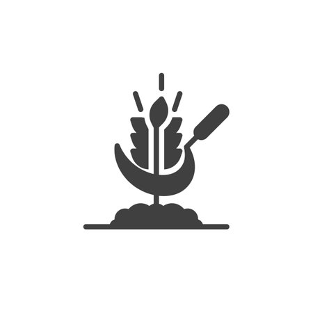 Wheat and scythe vector icon. filled flat sign for mobile concept and web design. Sickle and wheat glyph icon. Farming, harvest symbol, logo illustration. Vector graphicsのイラスト素材