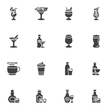 Bar beverages vector icons set, modern solid symbol collection, filled style pictogram pack. Signs illustration. Set includes icons as alcoholic drinks, cocktail glass, hot coffee cup, wine bottleのイラスト素材