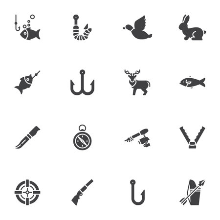 Hunting and fishing vector icons set, modern solid symbol collection, filled style pictogram pack. Signs illustration. Set includes icons as fishing rod, rifle, compass, animals trap, deerのイラスト素材