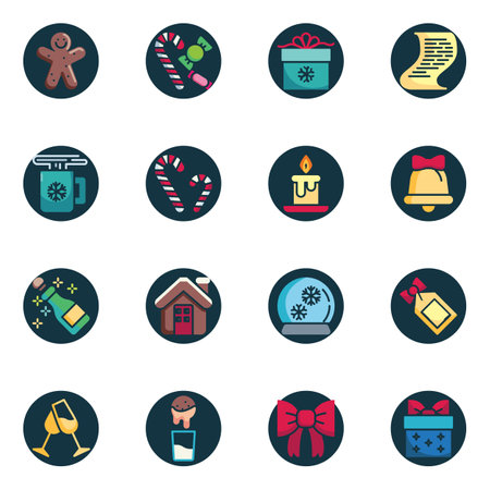 Christmas elements collection flat icons set, Colorful symbols pack contains - gingerbread man, candy cane, gift box, jingle bell, snow globe, candle, champagne. Vector illustration. Flat style designのイラスト素材