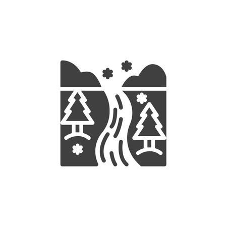 Winter snowy road and trees vector icon. filled flat sign for mobile concept and web design. Snowy hill glyph icon. Symbol, illustration. Vector graphicsのイラスト素材
