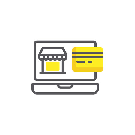 Online shopping payment line icon. linear style sign for mobile concept and web design. Laptop with store and credit card outline vector icon. Symbol, logo illustration. Vector graphicsのイラスト素材