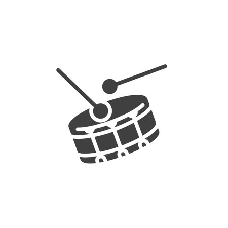 Drum and drumstick vector icon. filled flat sign for mobile concept and web design. Drum musical instrument glyph icon. Symbol, logo illustration. Vector graphicsのイラスト素材