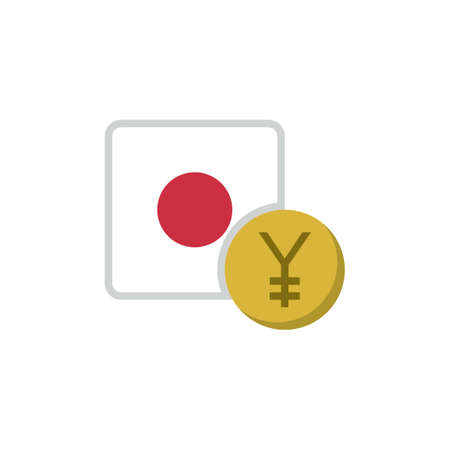 Japanese yuan money and flag flat icon, vector sign, Japan currency with flag colorful pictogram isolated on white. JPY money symbol, logo illustration. Flat style designのイラスト素材