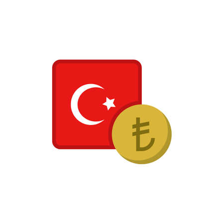 Turkish money and flag flat icon, vector sign, Turkey lira currency with flag colorful pictogram isolated on white. TRY money symbol, logo illustration. Flat style designのイラスト素材