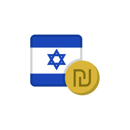 Israel money and flag flat icon, vector sign, Shekel currency with flag colorful pictogram isolated on white. ILS money symbol, logo illustration. Flat style designのイラスト素材