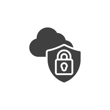 Cloud computer protection vector icon. Cloud and shield filled flat sign for mobile concept and web design. Data storage security glyph icon. Symbol, logo illustration. Vector graphicsのイラスト素材